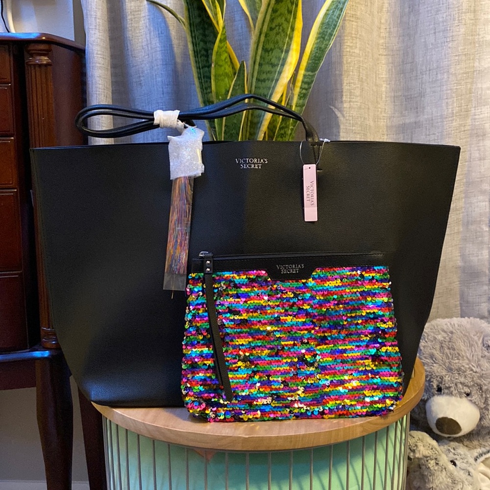 Limited Edition Victoria’s Secret Faux Leather Black Tote & Sequin Zipper Pouch
